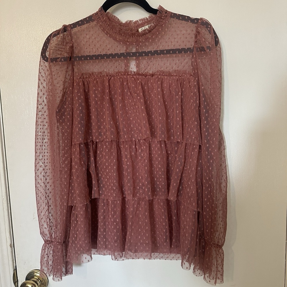 Jolie & Joy‎ Shirt Womens L Pink Sheer Lined Lace Top Dotted Sleeves Blouse Rose